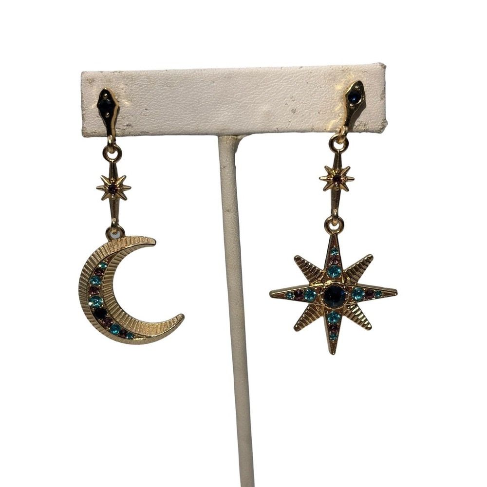 Vintage GoldTone Rhinestone Celestial Star Crescent Moon Pierced Dangle Earrings